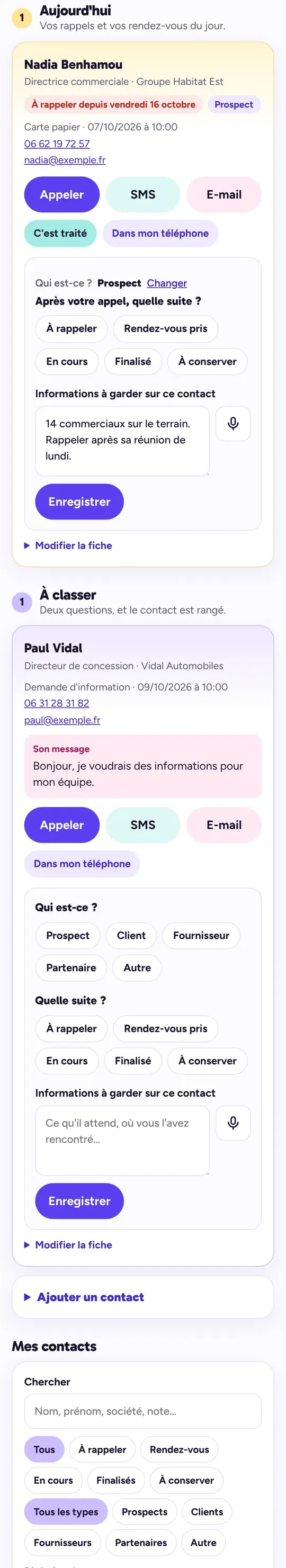 Le CRM du tableau de bord : rappels du jour, contacts à classer, suite à donner