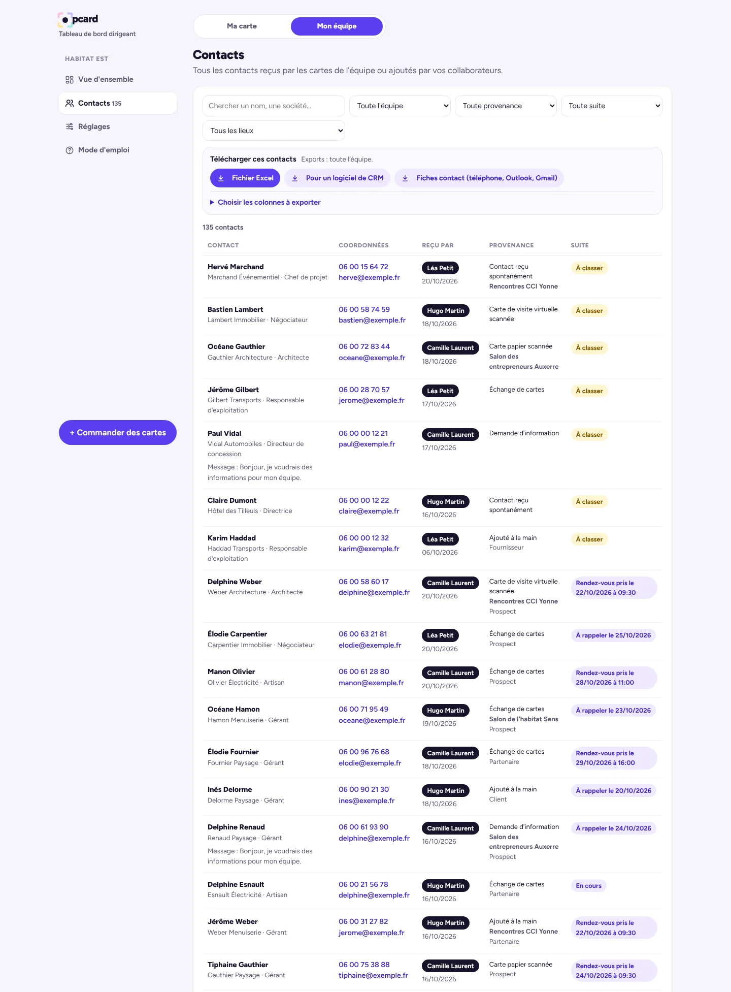 Contacts: search and filters, Excel or CRM download, contacts to sort at the top