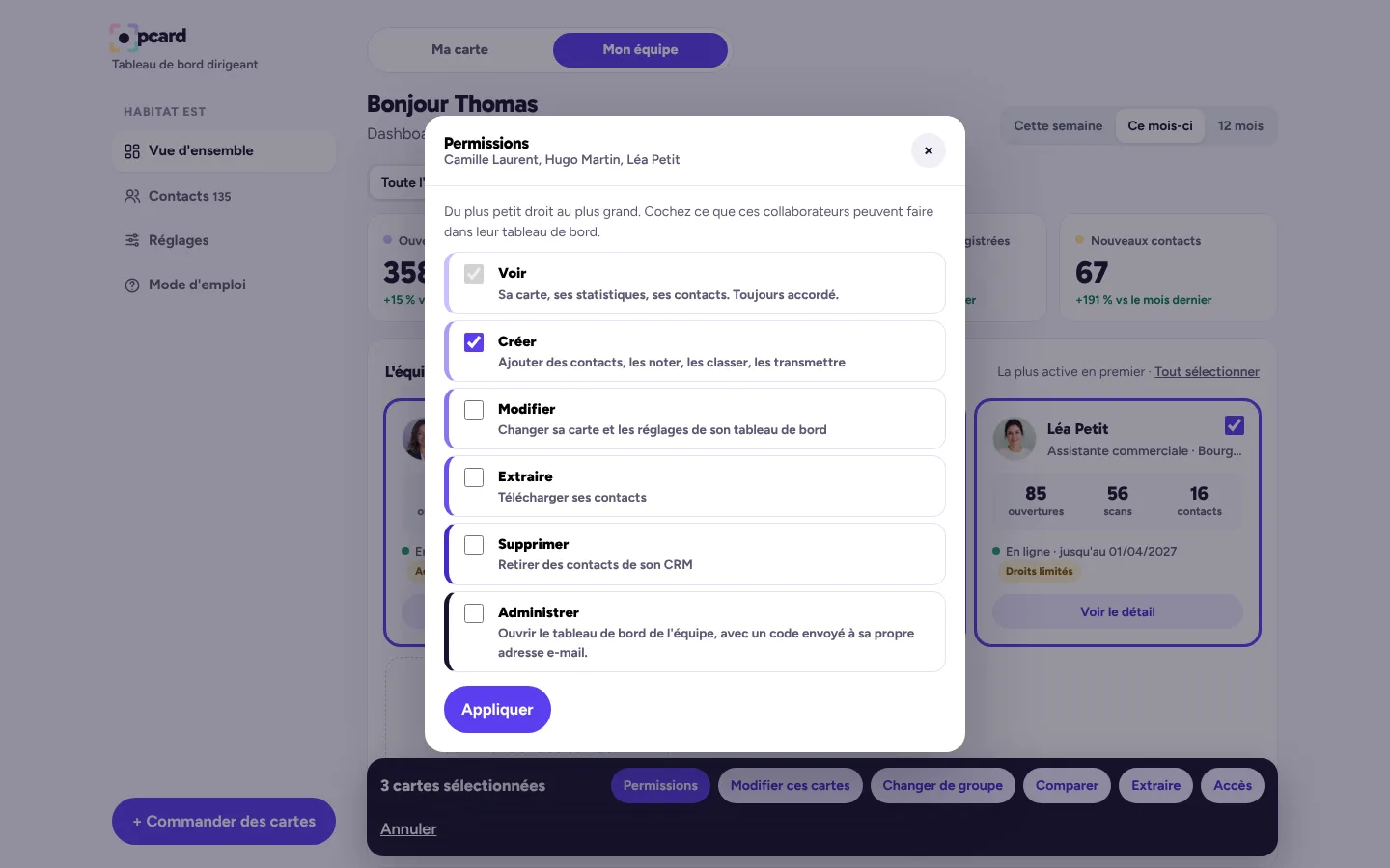 Permissions: three cards ticked, the scale of rights from View to Administer