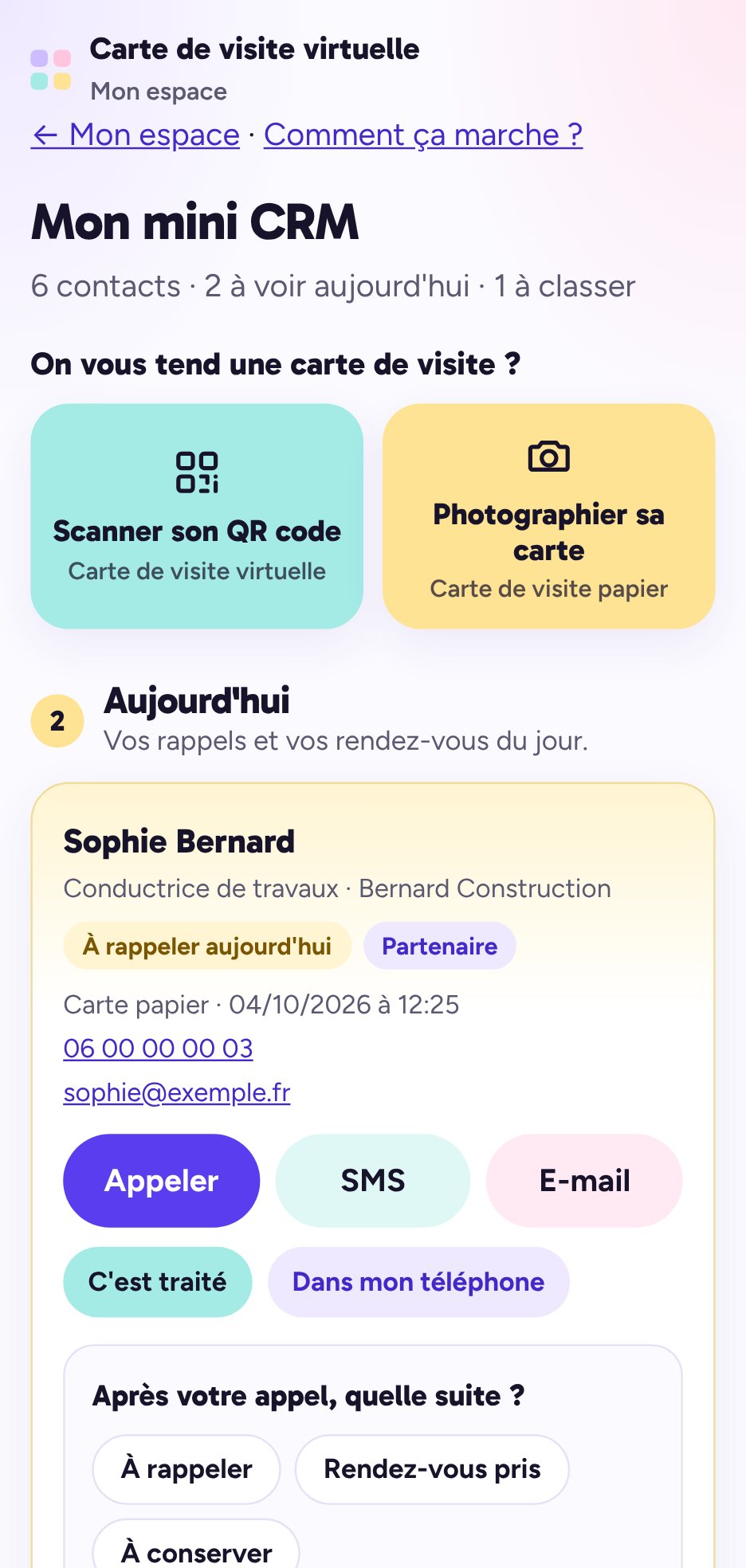 Tableau de bord : CRM avec les rappels et les rendez-vous du jour en tête