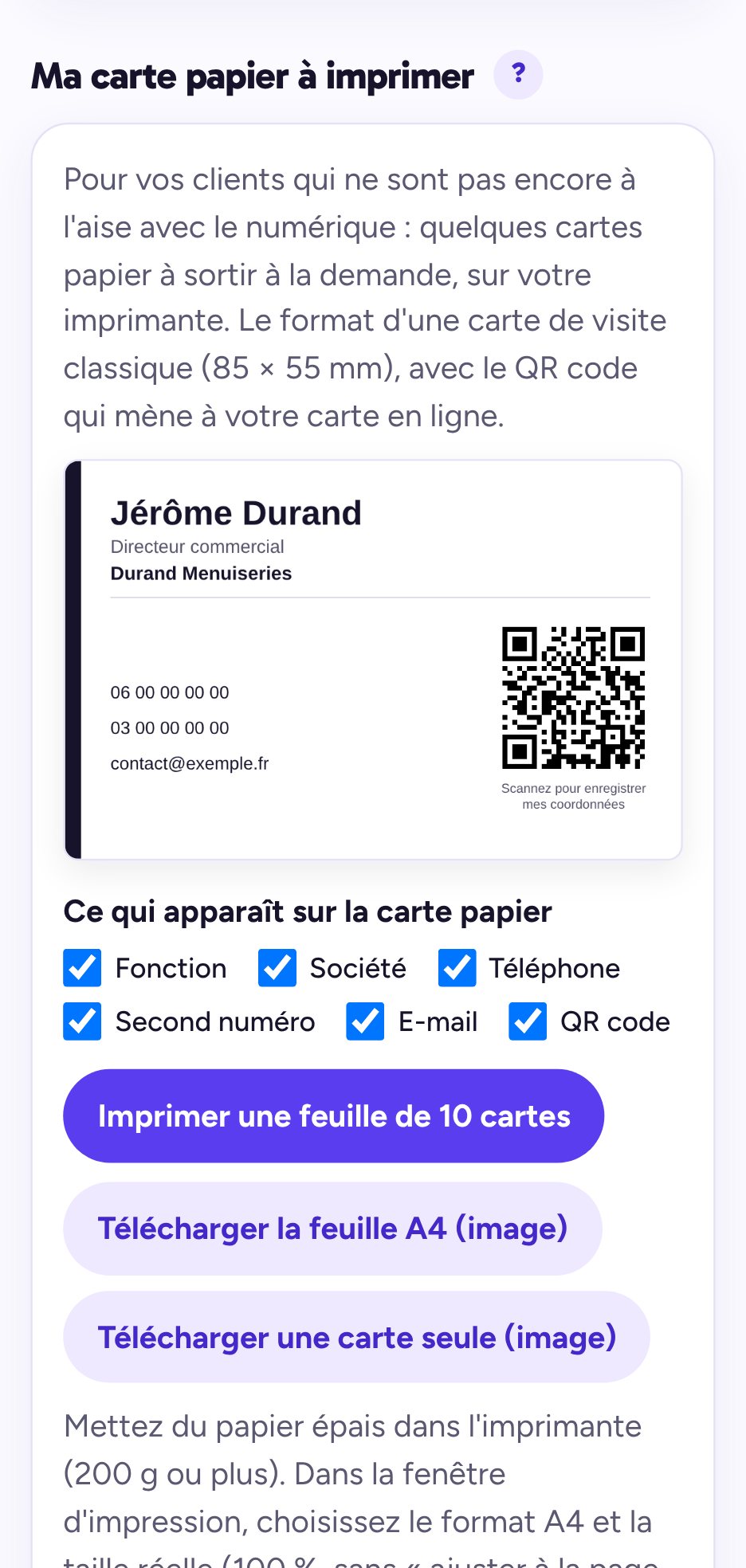 Tableau de bord : carte papier à imprimer, 10 cartes par feuille A4, avec les cases de ce qui y figure