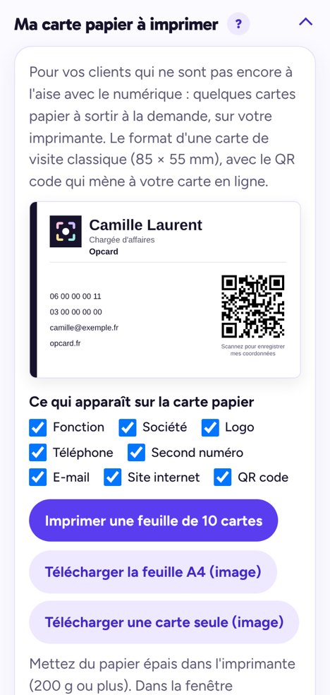 Tableau de bord : carte papier à imprimer, 10 cartes par feuille A4, avec les cases de ce qui y figure