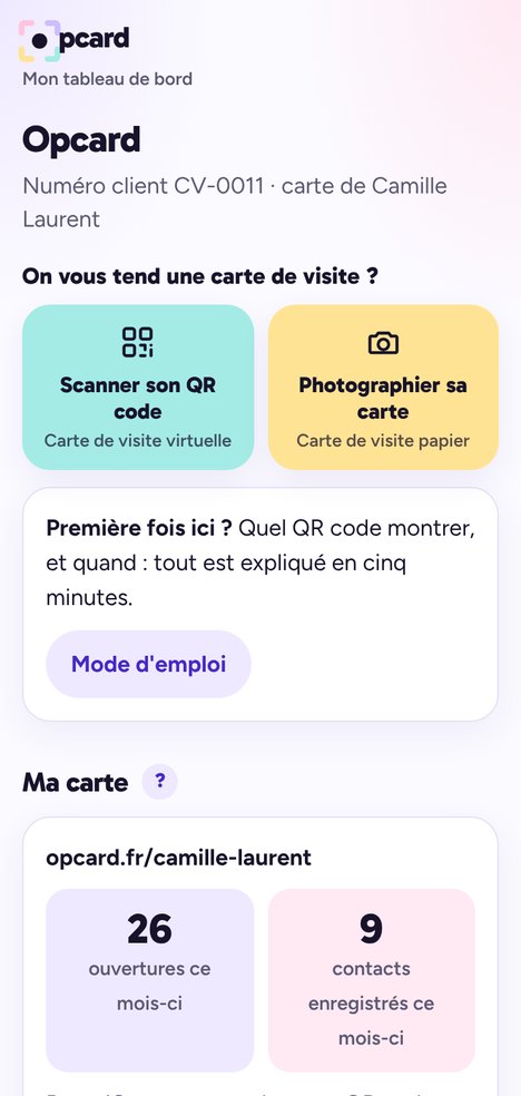 Tableau de bord : boutons pour scanner le QR code d'une carte de visite virtuelle ou photographier une carte papier