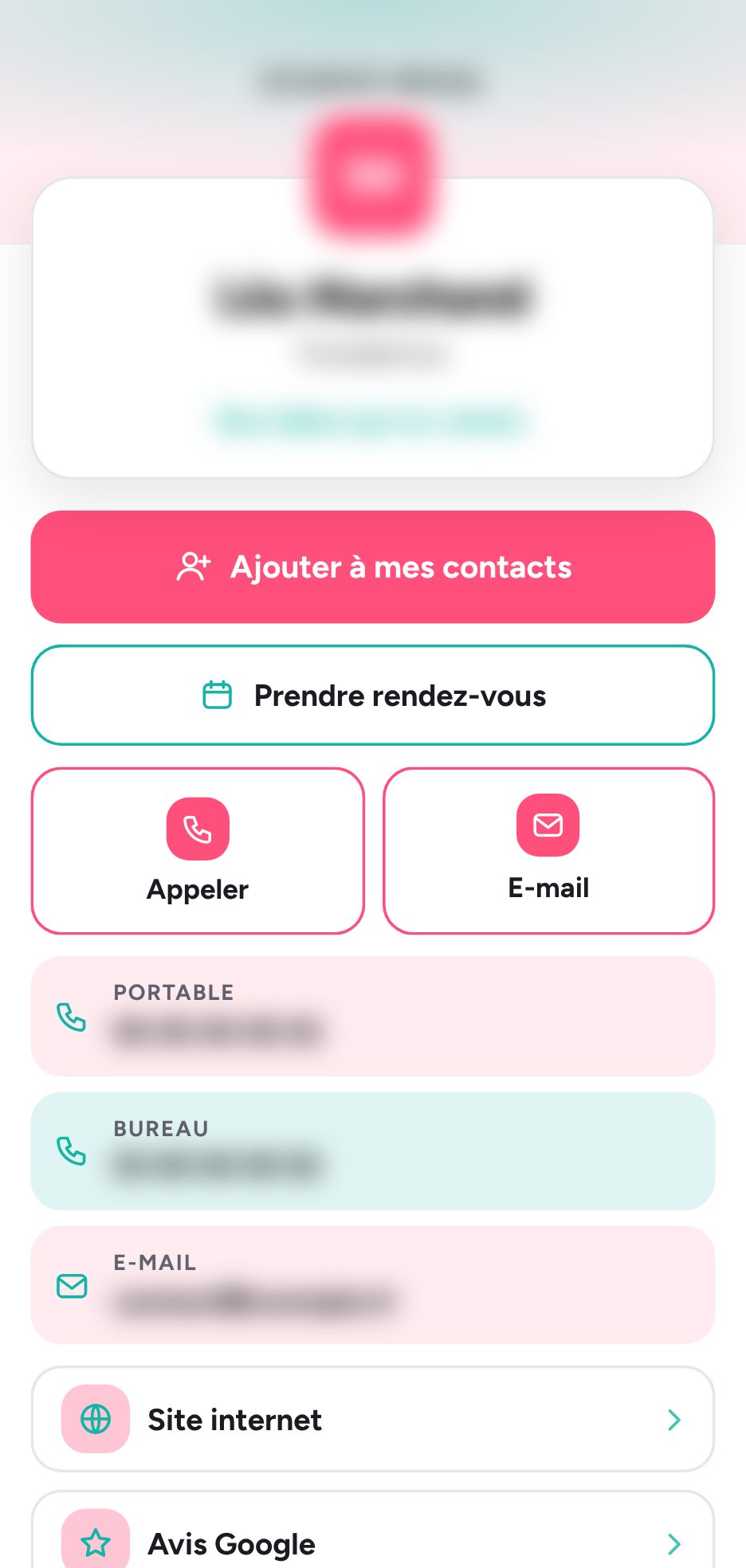 Carte de visite virtuelle sur fond blanc, en rose et turquoise, informations floutées