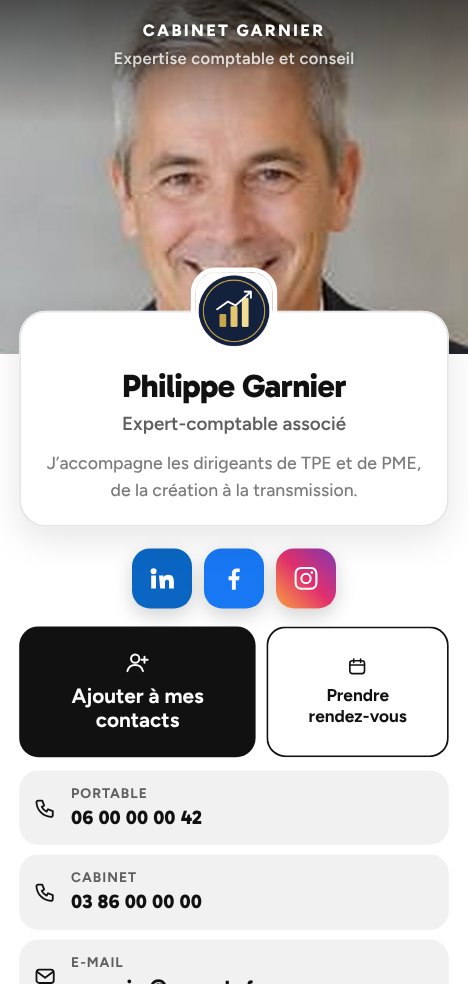 Exemple de carte de visite virtuelle sobre, fond blanc et texte noir : photo du titulaire, présentation, LinkedIn, Facebook et Instagram, boutons Ajouter à mes contacts et Prendre rendez-vous
