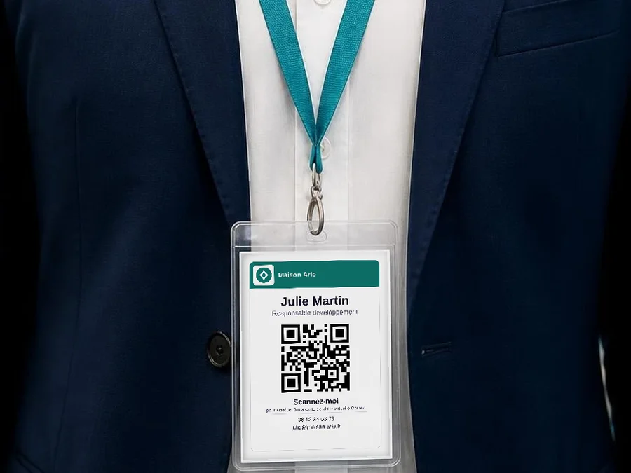 Badge de salon porté autour du cou, avec le logo, le prénom, le nom, la fonction et un grand QR code