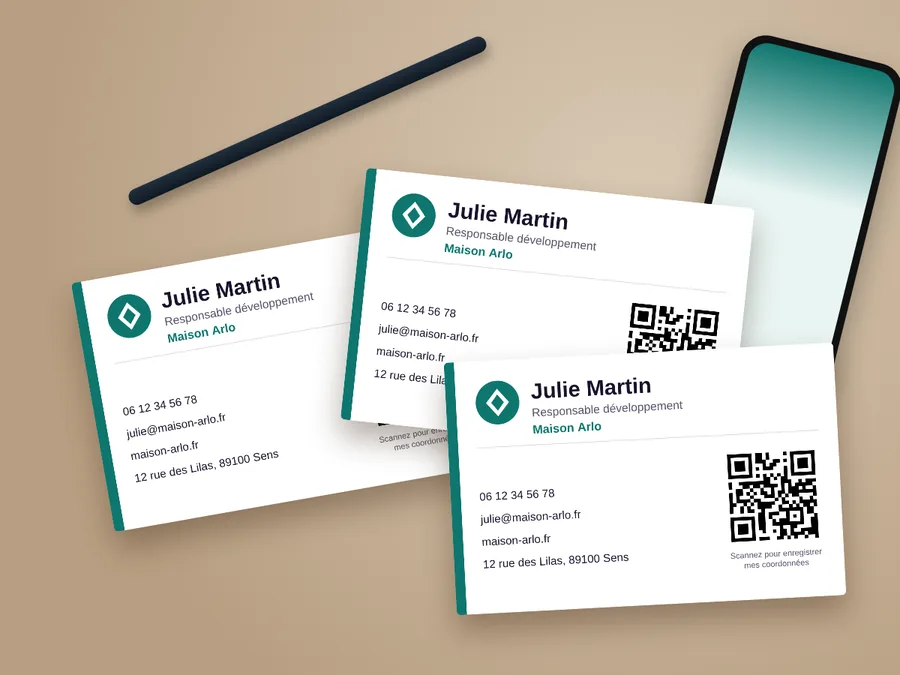 Cartes de visite papier aux couleurs d'une entreprise, avec QR code