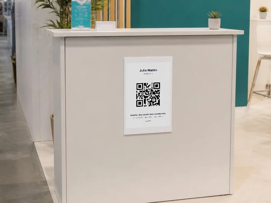 Affichette avec QR code posée sur un présentoir, sur un stand