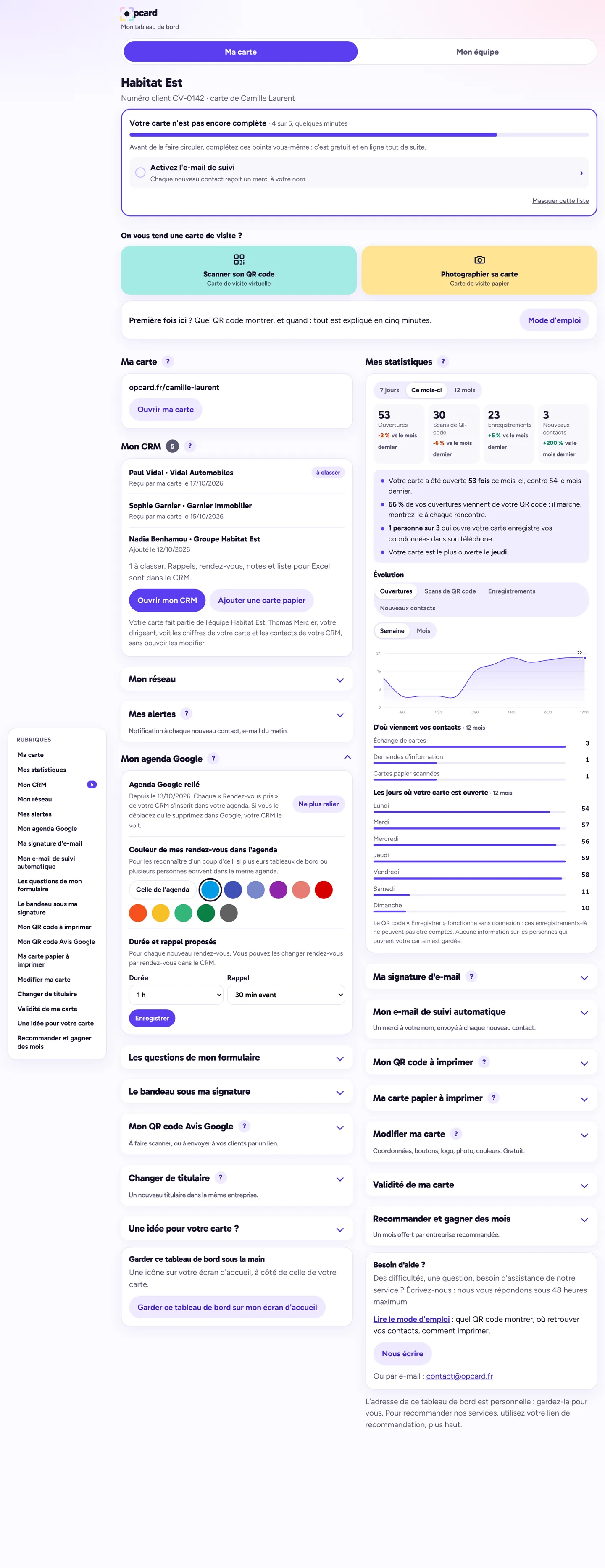 Rubrique Mon agenda Google : liaison active, couleur, durée et rappel proposés