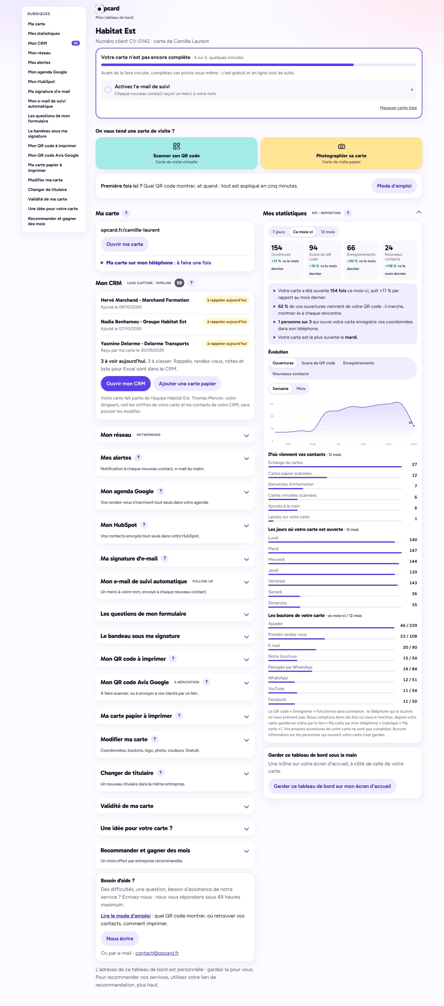 Accueil du tableau de bord sur ordinateur : rubriques à gauche, carte, CRM et statistiques