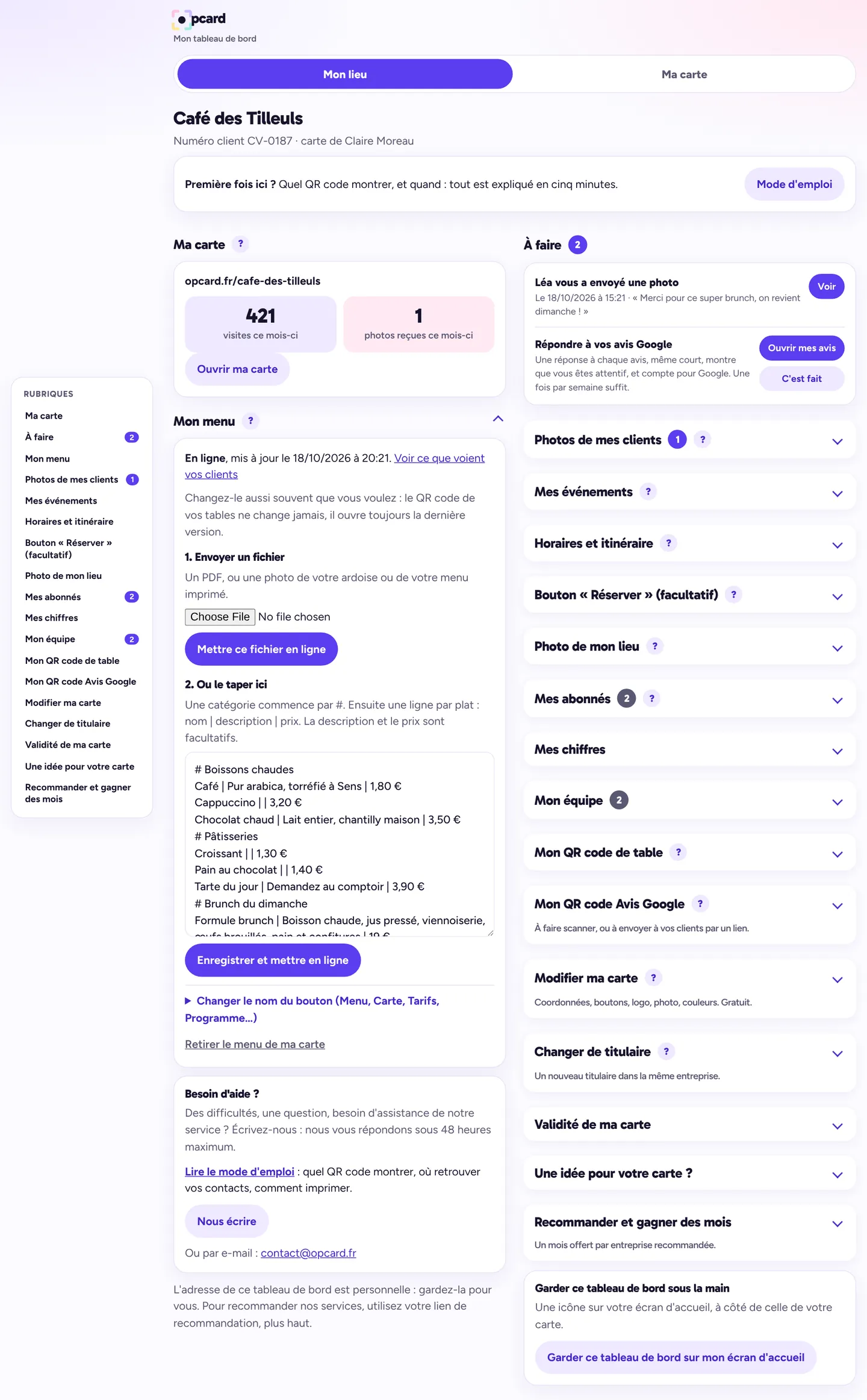 My menu section open