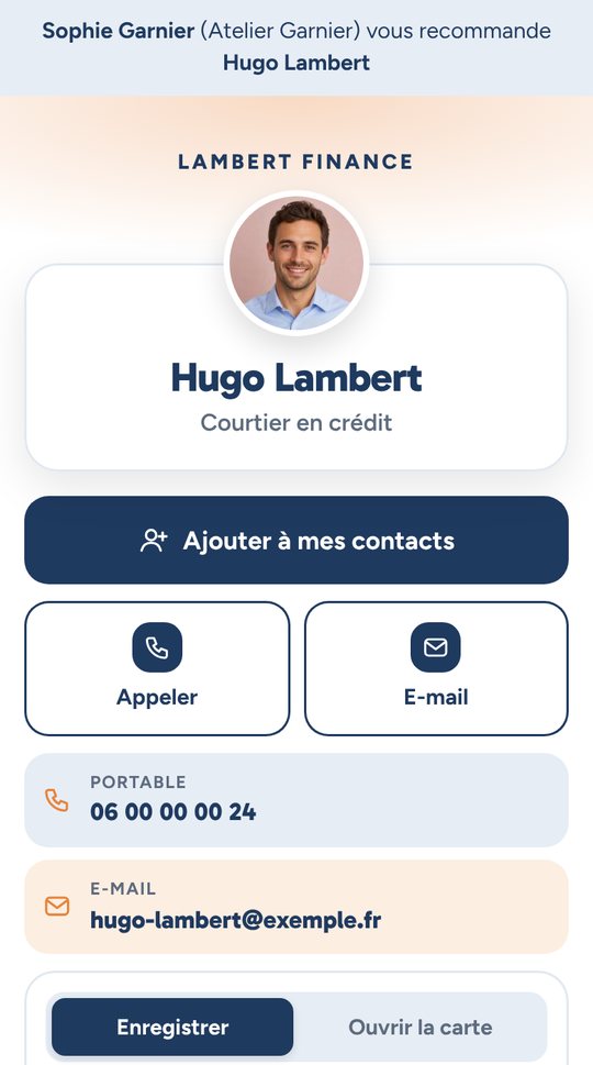 La carte d'un membre ouverte par un prospect, avec en haut « Sophie Garnier vous recommande Hugo Lambert »