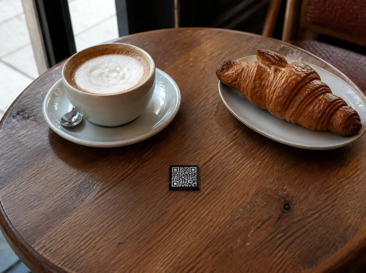 Round café table with a cappuccino, a croissant and, in the centre, a small QR code on a rigid backing